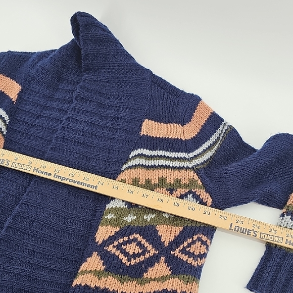 Pink Rose Navy Blue Fair Isle Open Front Cardigan,Boho Knit Longline Sweater (L) - Picture 6 of 6